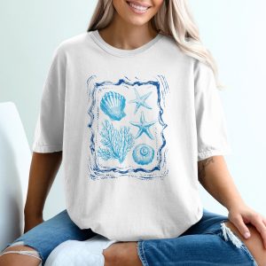 Nautical Beach Comfort Colors® T-Shirt, Coastal Ocean Sea Life Starfish Shell Tee, Vintage Style Summer Vacation Shirt