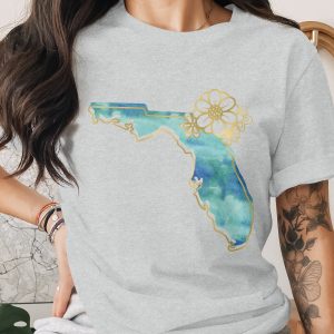 Watercolor Florida T-Shirt with Faux Gold Floral Outline | Coastal Florida State Tee | Florida Lover Gift for Women | Vacation Travel Shirt