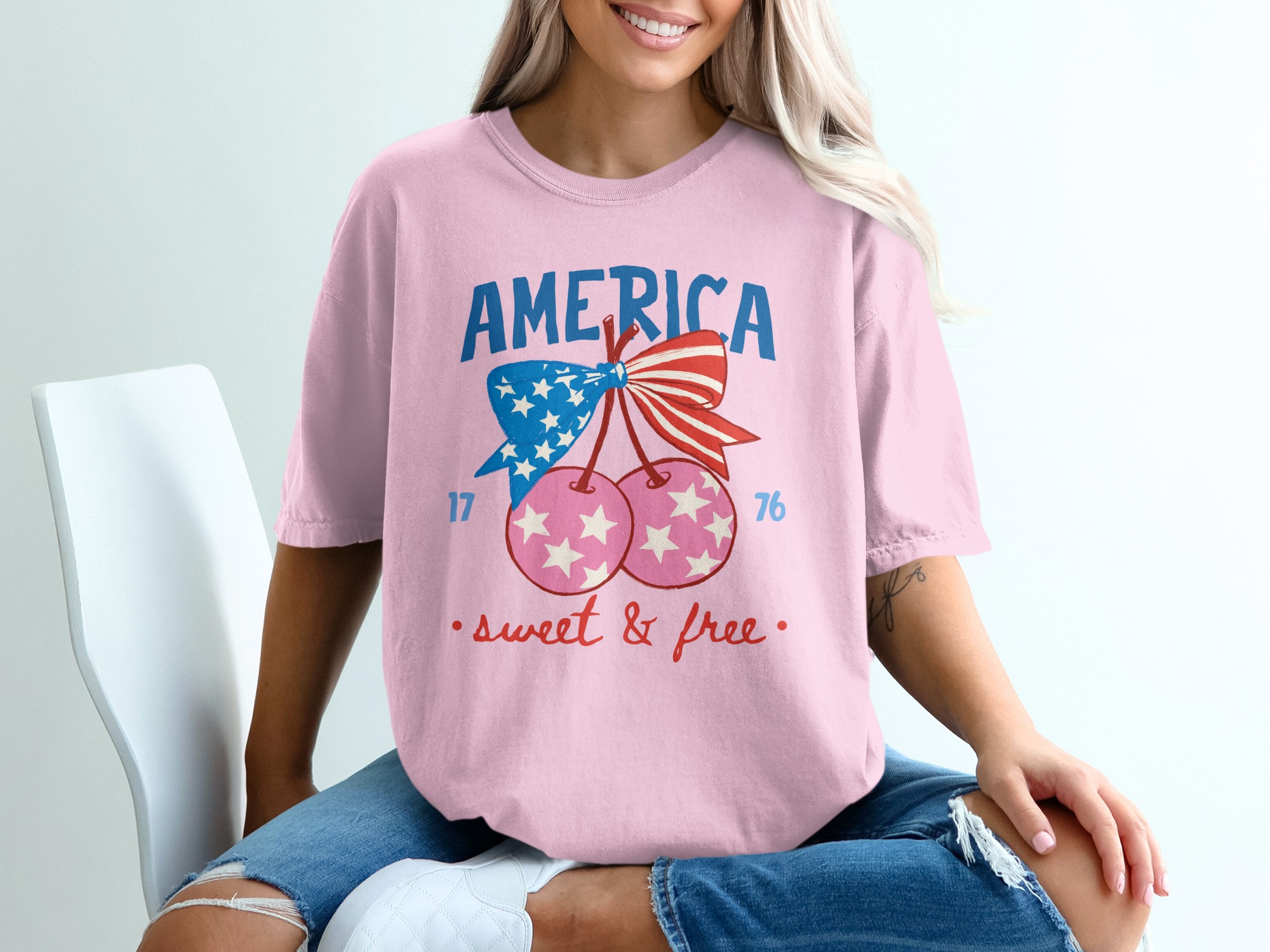 America Sweet & Free T-Shirt, Patriotic Cherry Bow Tee, Fourth of July Vintage Style Shirt, USA Flag Summer Graphic Tee Gift for Her - Image 17