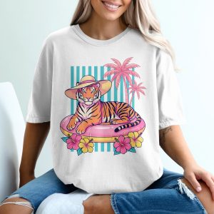Hot Girl Summer Tiger Summer T-Shirt, Comfort Colors ® Vacation Tee, Tropical Beach Shirt for Women, Relaxed Animal Lover Gift, Pink Palm