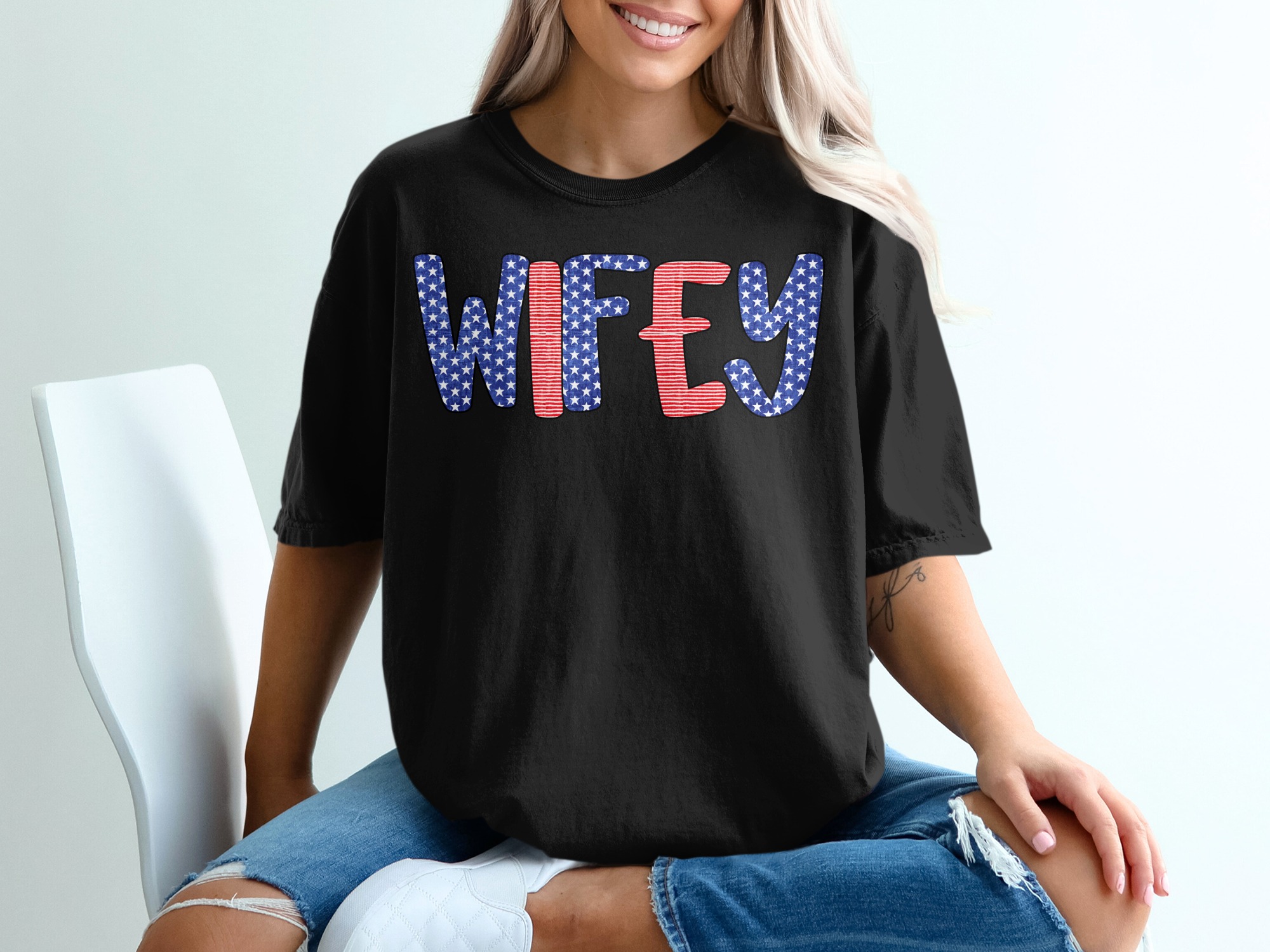 Patriotic Wifey T-Shirt, American Flag Wifey Shirt, Fourth of July Wife Tee, Military Spouse Gift, Engagement Gift, New Mrs. Country Style - Image 8