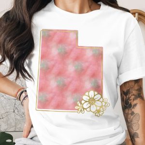 Utah State T-Shirt, Watercolor Utah Shirt with Faux Gold Flowers, Utah Pride Tee, Aesthetic Utah Gift for Her, State Map Top