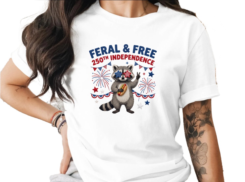 Feral Free Independence T-Shirt, Raccoon Fourth of July Tee, Patriotic Animal Shirt, 250th USA Celebration Gift Idea