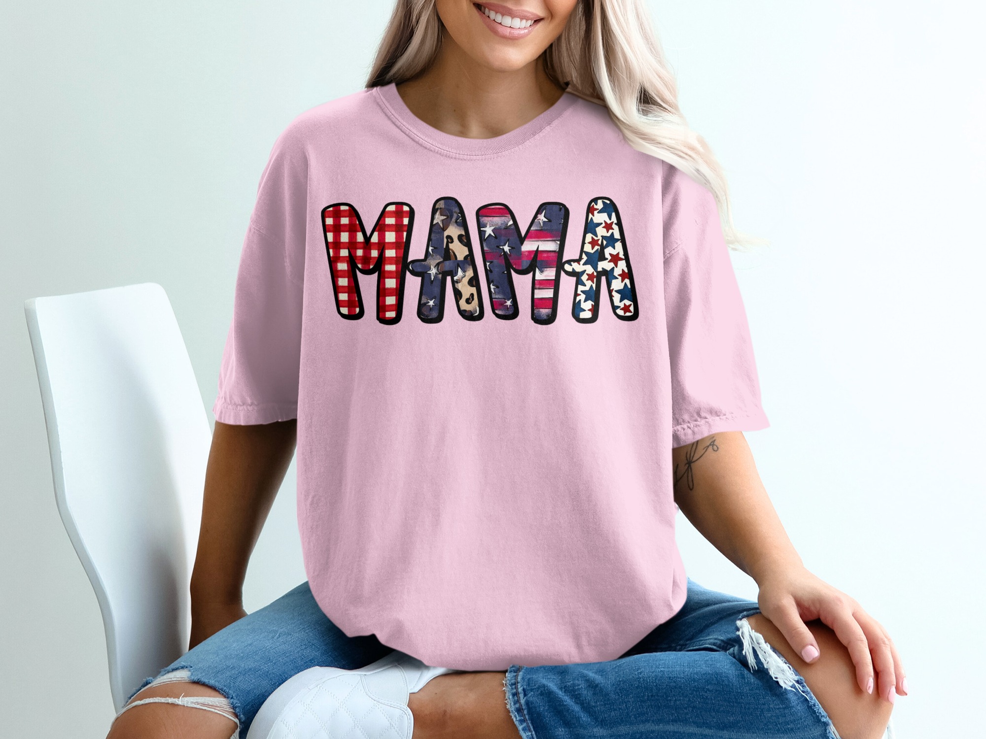 Patriotic Mama T-Shirt, American Flag Gingham Leopard Print Mom Life Tee, Distressed USA Stars Fourth of July Gift - Image 17