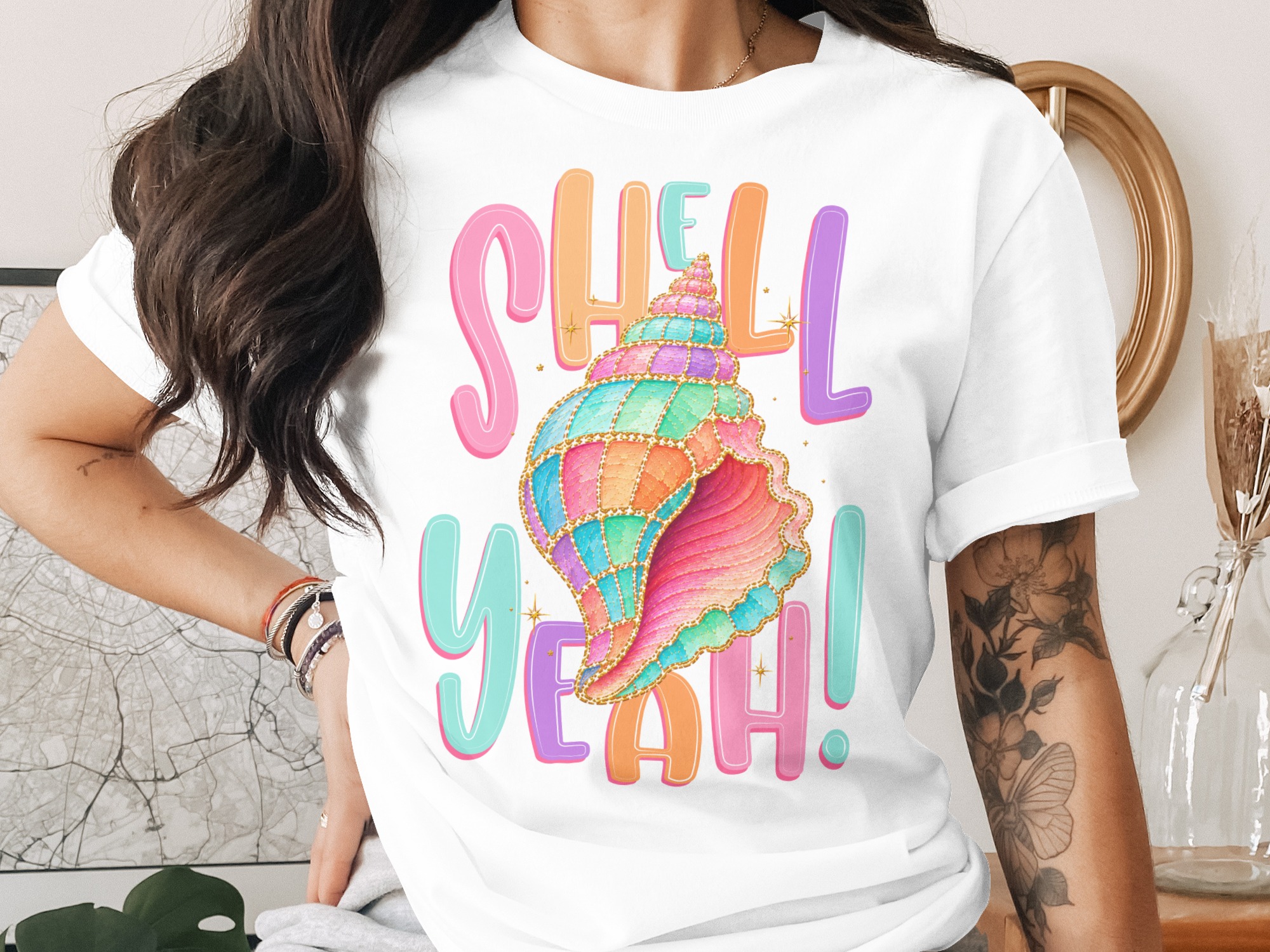 Shell Yeah T-Shirt, Funny Seashell Shirt, Pastel Ocean Beach Tee, Cute Vacation Top, Mermaid Core Style Gift for Her