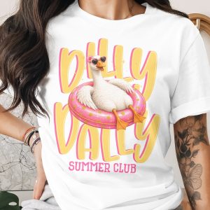 Dilly Dally Summer Club T-Shirt, Retro Goose with Pink Heart Sunglasses Tee, Funny Vacation Bird Graphic Tee, Cute Summer Apparel Gift