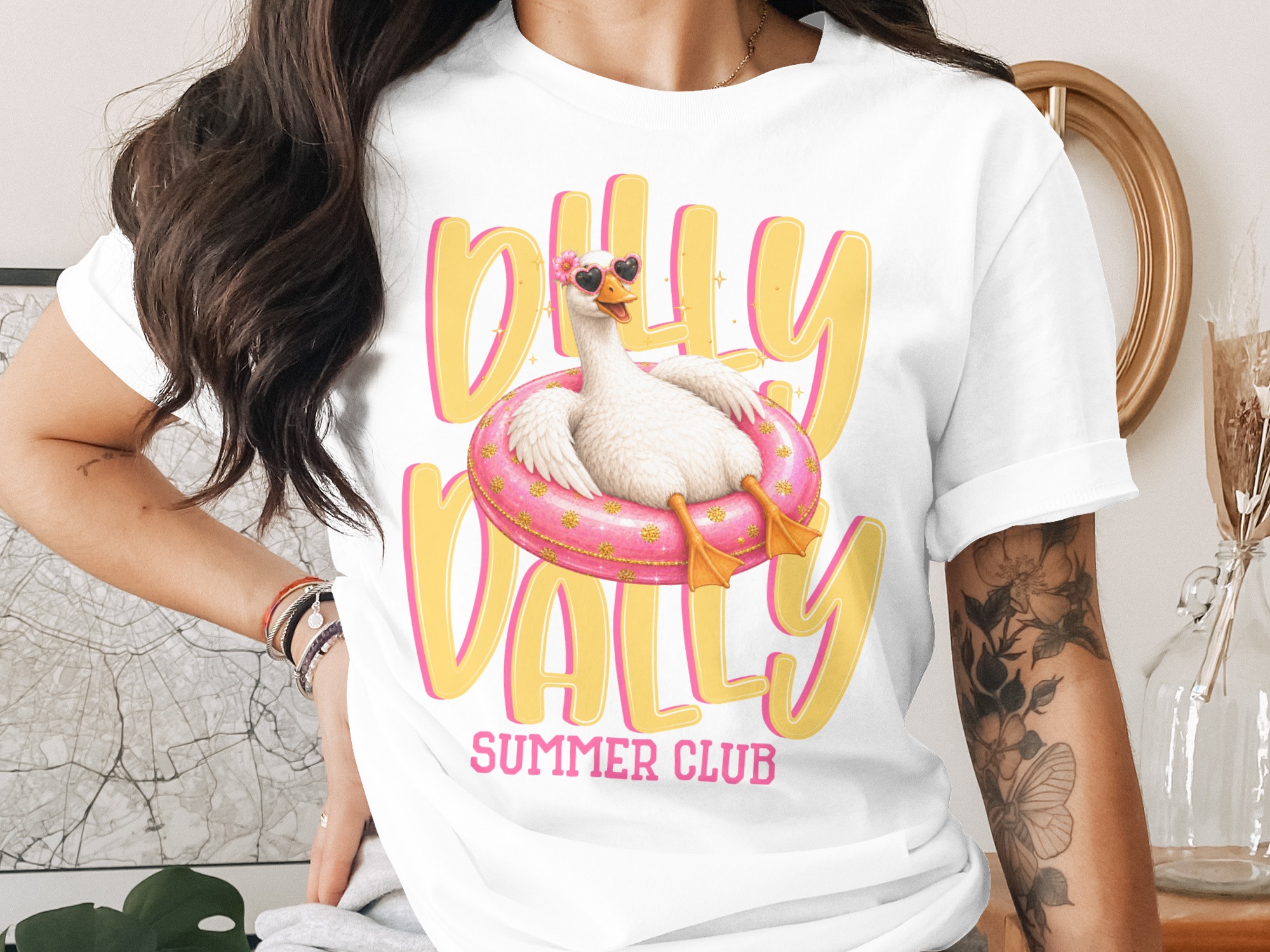 Dilly Dally Summer Club T-Shirt, Retro Goose with Pink Heart Sunglasses Tee, Funny Vacation Bird Graphic Tee, Cute Summer Apparel Gift