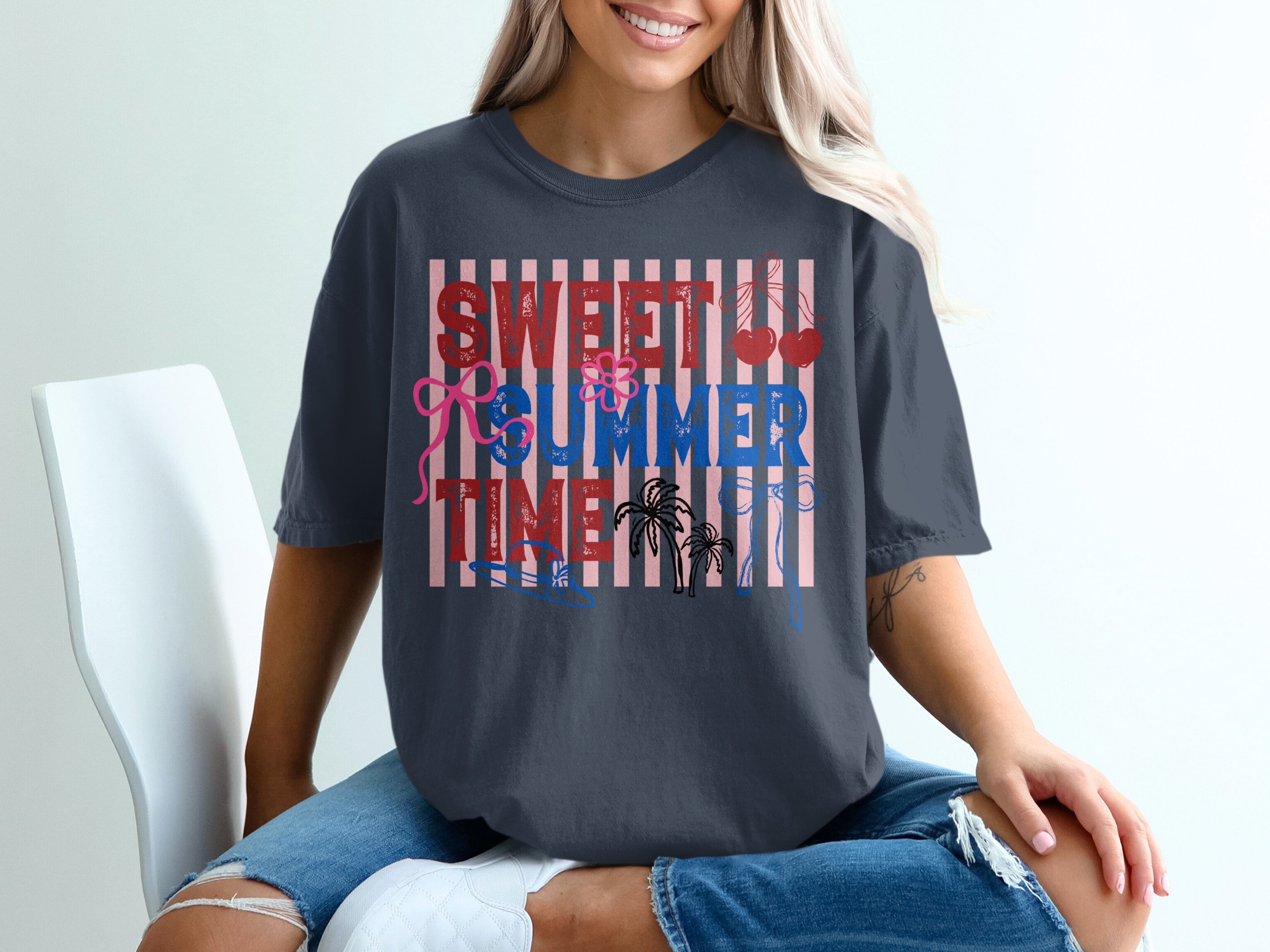 Sweet Summer Time T-Shirt, Retro Patriotic Summer Vibes Tee, Cherry Bow Palm Tree Shirt, Beach Vacation Outfit, Fourth of July Gift - Image 12