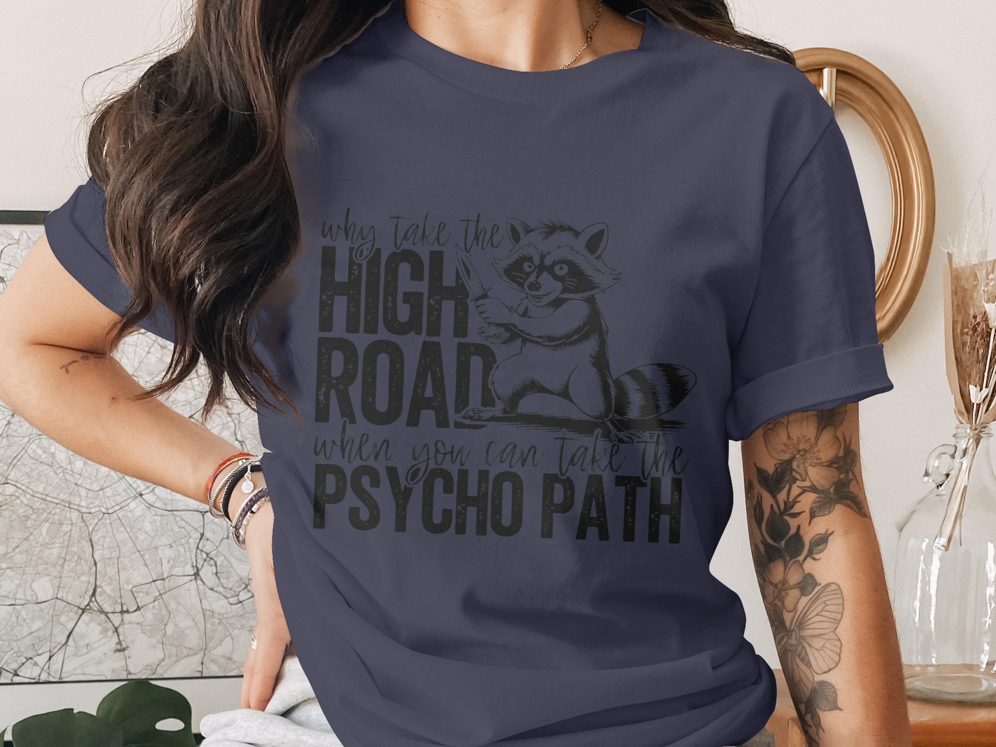 Raccoon Knife T-Shirt, Funny Psycho Path Tee, Sarcastic Dark Humor Shirt, Trash Panda Graphic Tee, Quirky Animal Lover Gift - Image 2