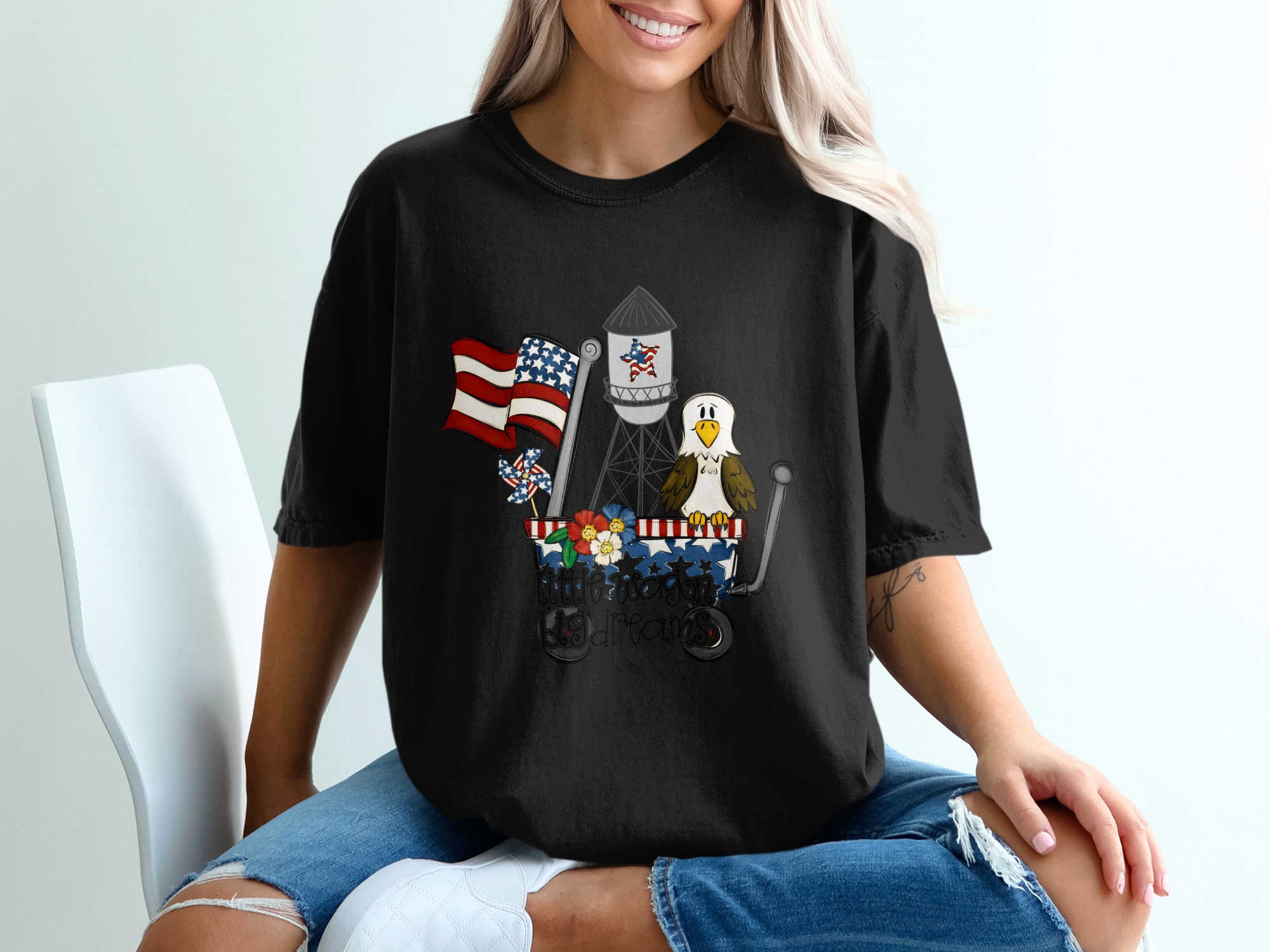 Patriotic T-Shirt Americana Eagle Flag Design, Little Wagon Big Dreams Tee, 4th of July Outfit, Memorial Day Gift for Her - Image 2