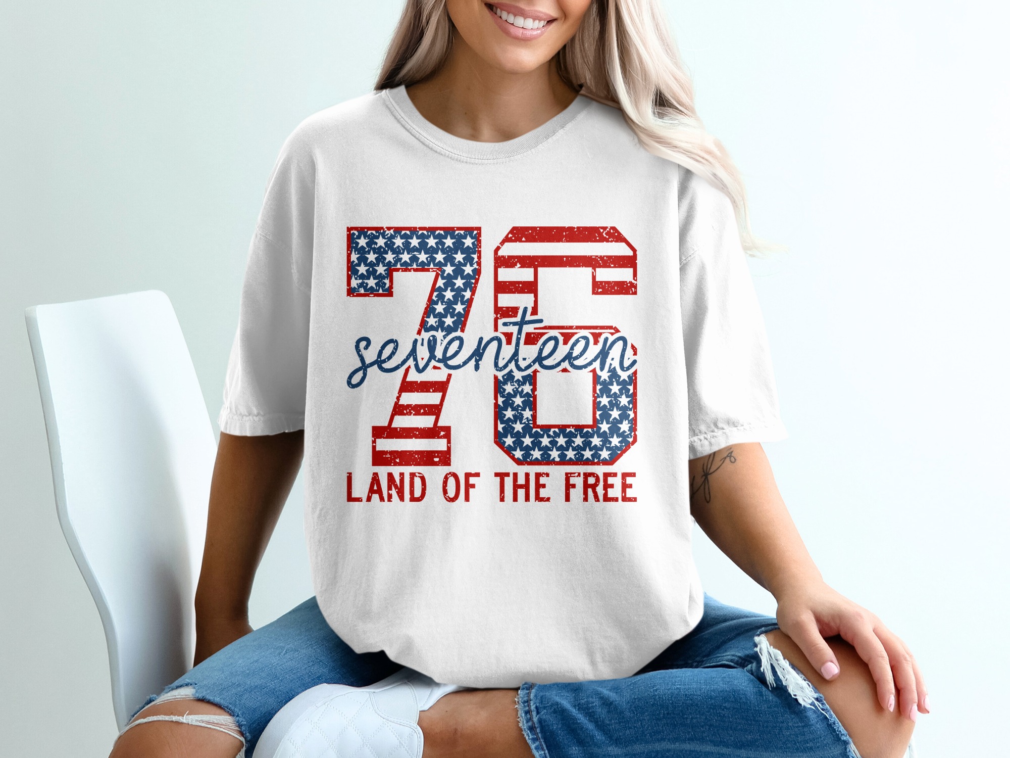 Patriotic 76 Seventeen Land of the Free T-Shirt, Distressed American Flag Tee, Vintage USA Pride Shirt, Independence Day Gift - Image 6
