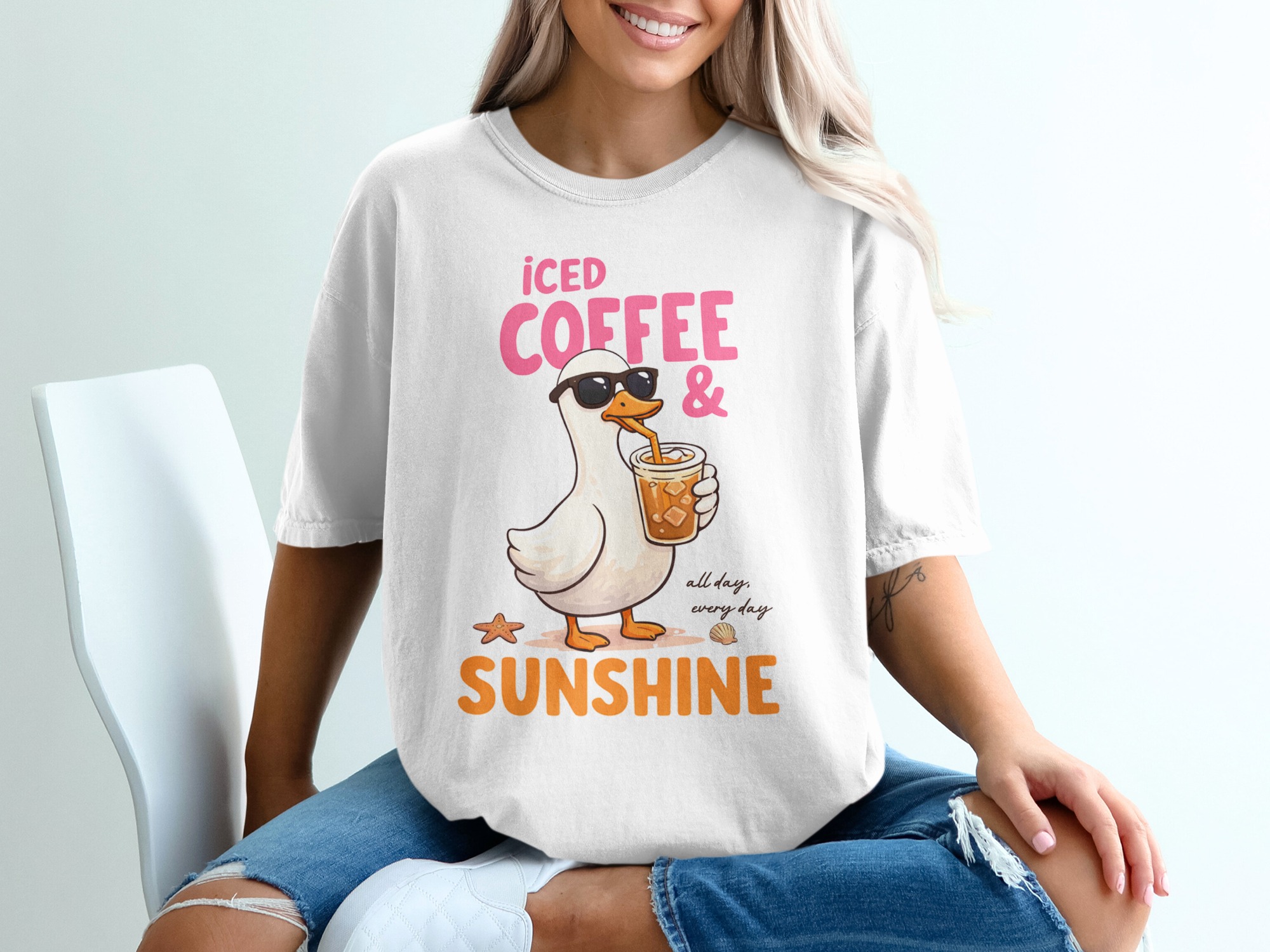 Iced Coffee & Sunshine Goose T-Shirt, Cute Summer Beach Vibe Coffee Lover Graphic Tee, Relaxed Vacation Gift Idea - Image 6