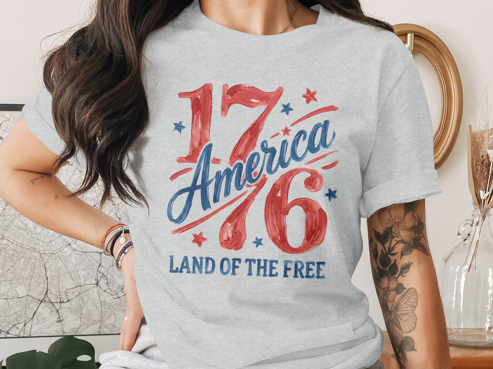 1776 America Land of the Free Patriotic T-Shirt, Distressed American Flag Tee, Fourth of July Shirt Gift, Vintage Brushstroke Design - Image 2
