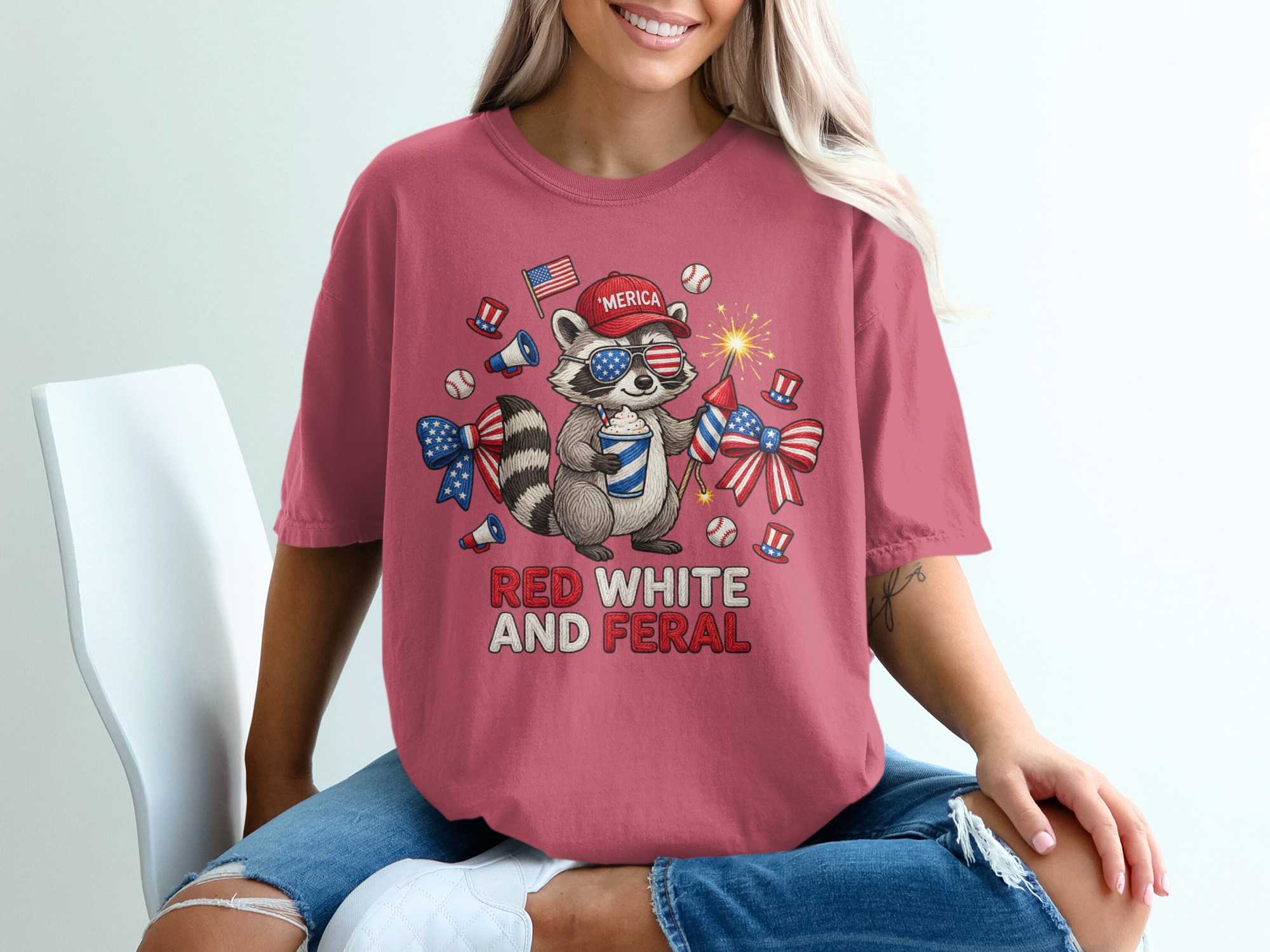 Red White and Feral Raccoon T-Shirt, Funny 4th of July Patriotic America Tee, Independence Day Party Animal Lover Gift - Image 15