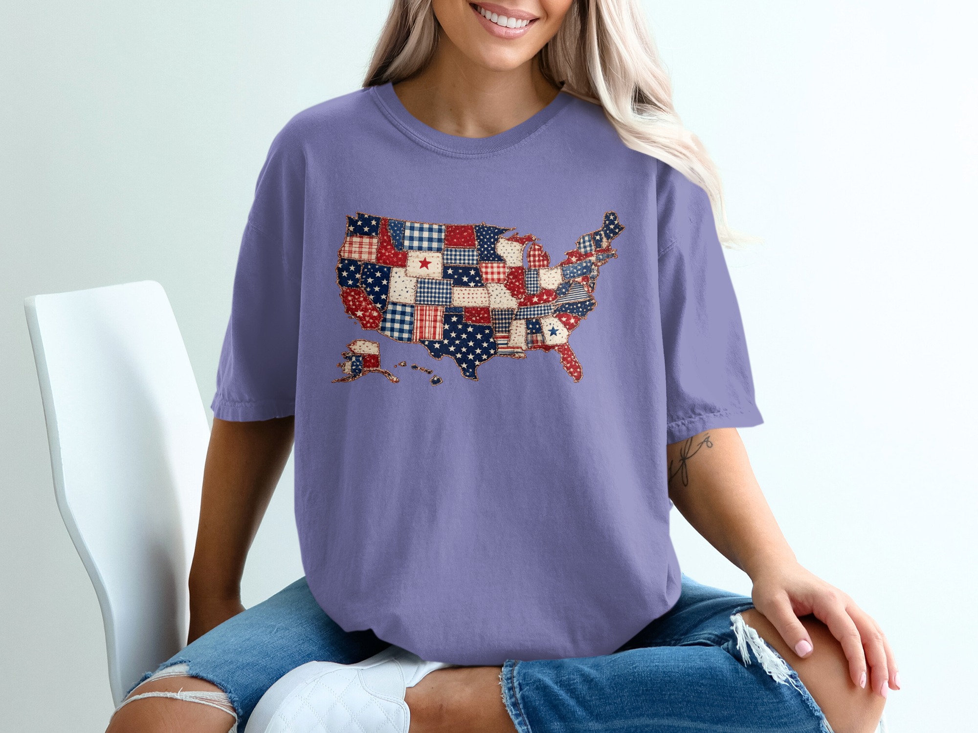 Patriotic USA Map T-Shirt, Americana Quilt Print Tee, Distressed American Flag Shirt, 4th of July Outfit, Veteran Gift Idea - Image 13