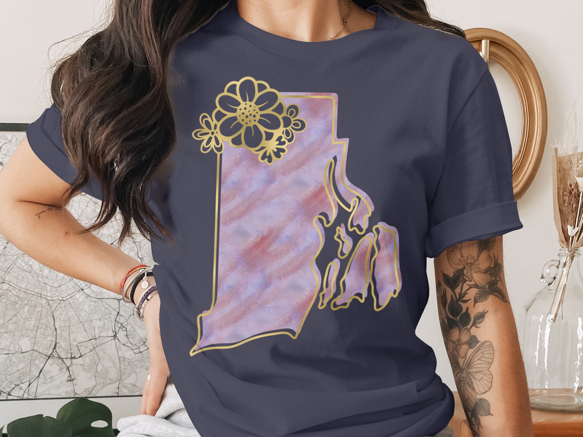 Rhode Island T-Shirt | Boho RI State Tee with Watercolor Floral Faux Gold Print | New England State Pride Gift for Her - Image 3