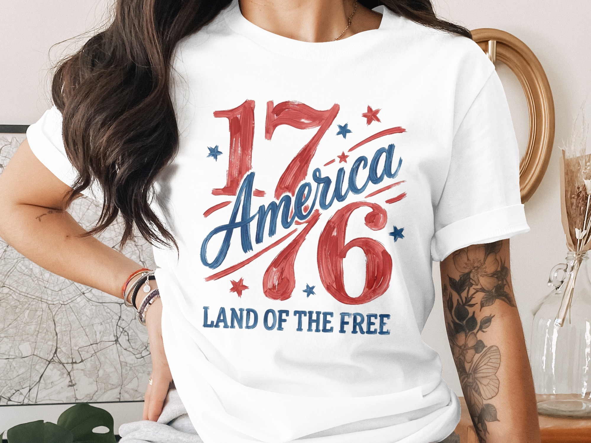1776 America Land of the Free Patriotic T-Shirt, Distressed American Flag Tee, Fourth of July Shirt Gift, Vintage Brushstroke Design