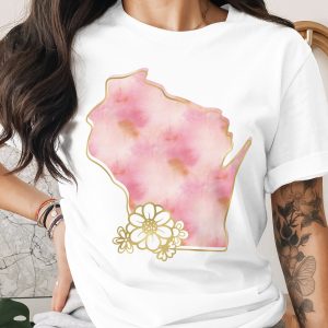 Wisconsin T-Shirt, Pink Watercolor Wisconsin State Outline Shirt, Faux Gold Floral Design, WI Pride Tee, Wisconsin Love Gift for Her