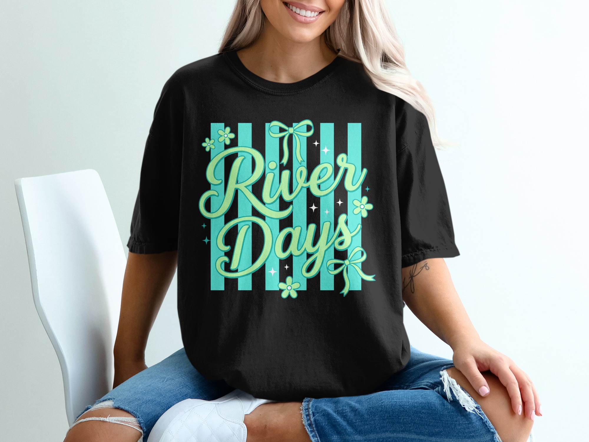 River Days T-Shirt | Cute Summer Vacation Top with Faux Bows & Stripes | Y2K Aesthetic Tee | Lake Life Beach Trip Gift - Image 2