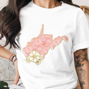 West Virginia Watercolor Floral T-Shirt | WV State Outline Tee with Faux Gold Print Wildflowers | State Pride Gift for Her