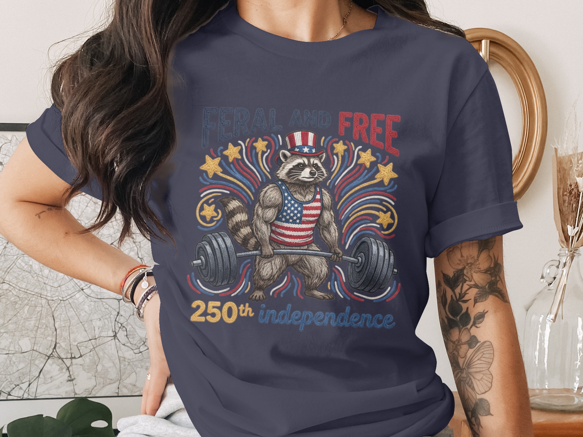 Feral and Free Raccoon T-Shirt, Patriotic Gym Raccoon Tee, 250th Independence Day Shirt, American Flag Weightlifting Shirt - Image 3