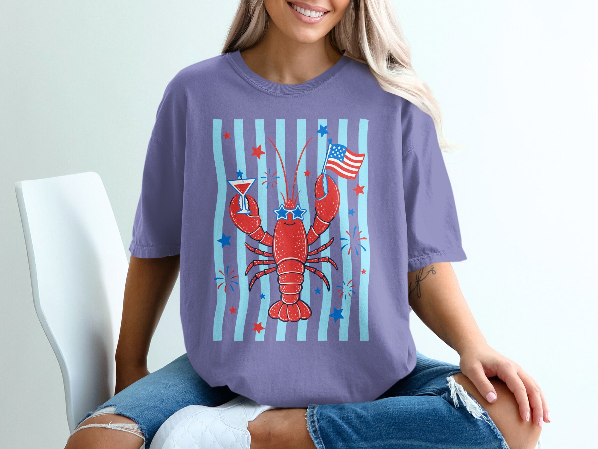 Comfort Colors® Patriotic Lobster T-Shirt, Funny 4th of July Tee, Summer Coastal Vacation Shirt, USA Flag Lobster Party Top - Image 13