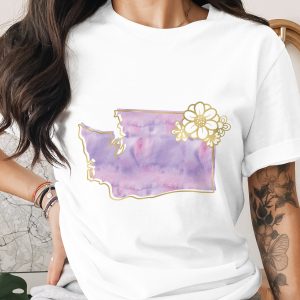 Washington State T-Shirt | Watercolor Floral WA Outline Tee with Faux Gold Print | PNW Aesthetic & State Pride Gift for Her