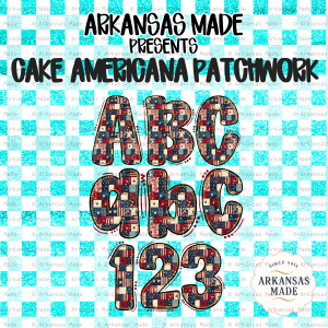 Cake Americana Patchwork Alphabet PNGs | Patriotic Bubbly Letters Numbers Sublimation Digital Download | July 4th Vintage USA Flag Craft