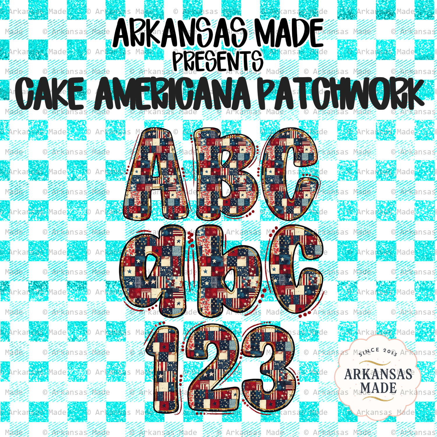 Cake Americana Patchwork Alphabet PNGs | Patriotic Bubbly Letters Numbers Sublimation Digital Download | July 4th Vintage USA Flag Craft