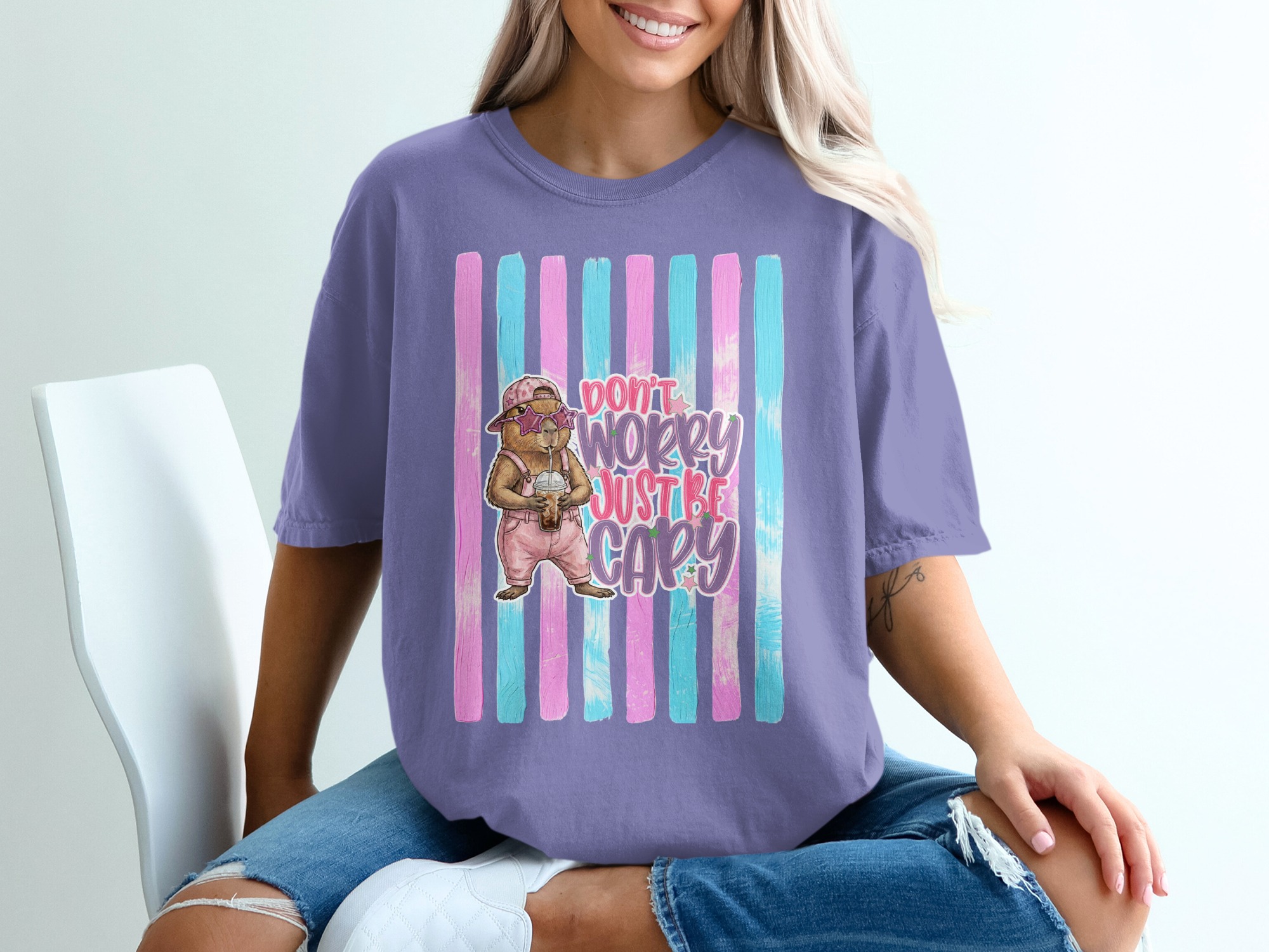 Comfort Colors ® Capybara T-Shirt, 'Don't Worry Just Be Capy' Cute Animal Lover Tee, Iced Coffee Capybara Shirt, Whimsical Pastel Gift Idea - Image 13