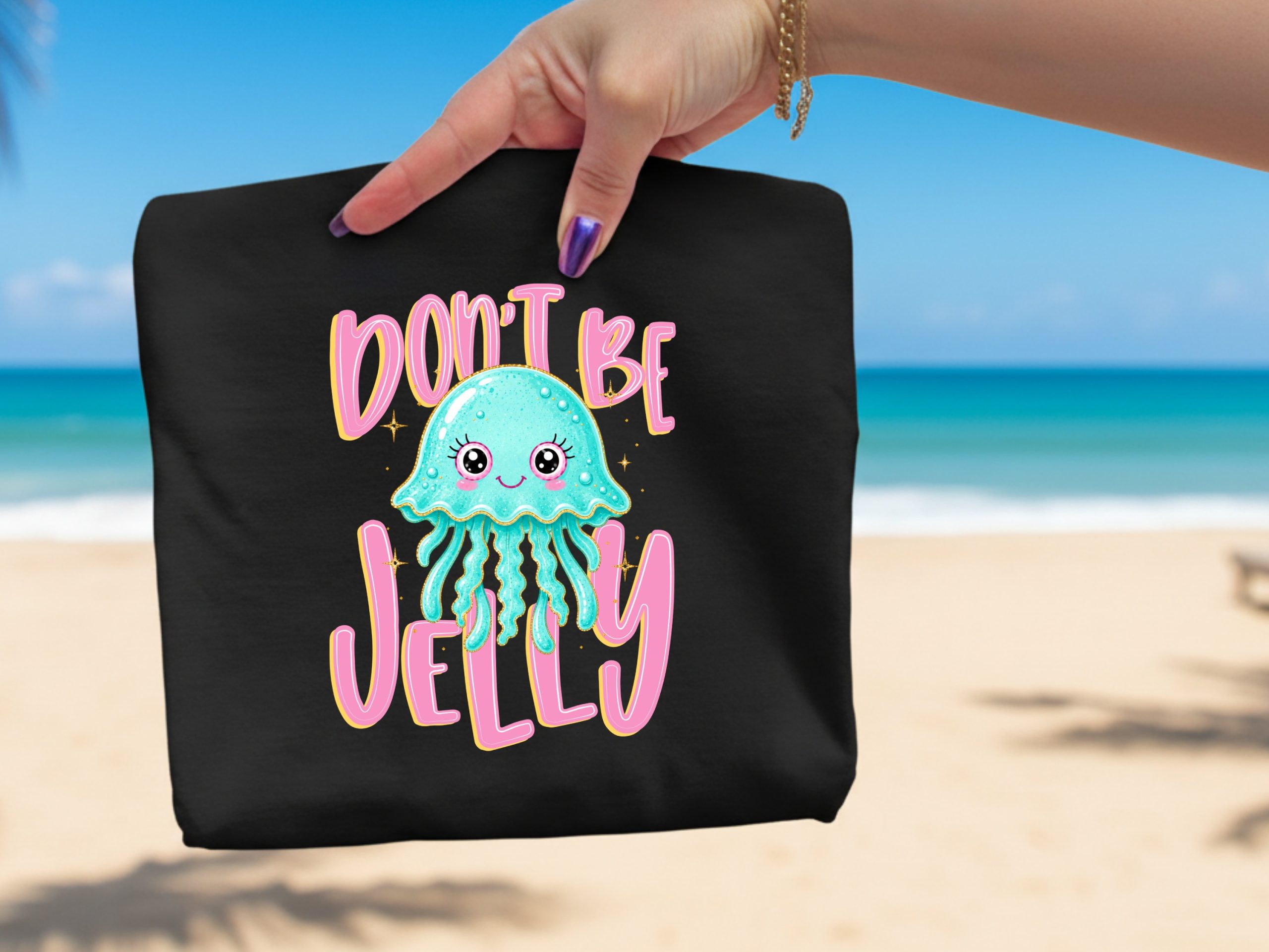 Don't Be Jelly T-Shirt, Cute Jellyfish Shirt, Kawaii Ocean Pun Tee, Faux Glitter Effect Sea Animal Top, Funny Beach Vibe Tee, Gift for Her - Image 2