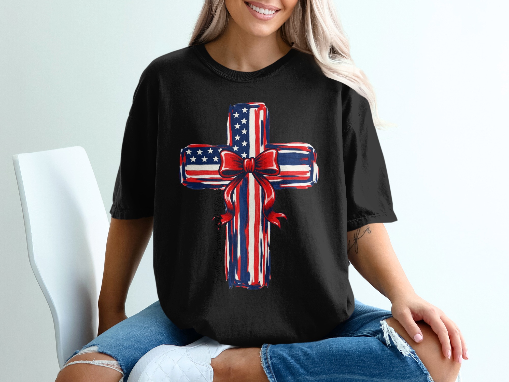 Faith Freedom 250 Years Patriotic Cross T-Shirt | American Flag Christian Tee | Independence Day USA Gift - Image 5