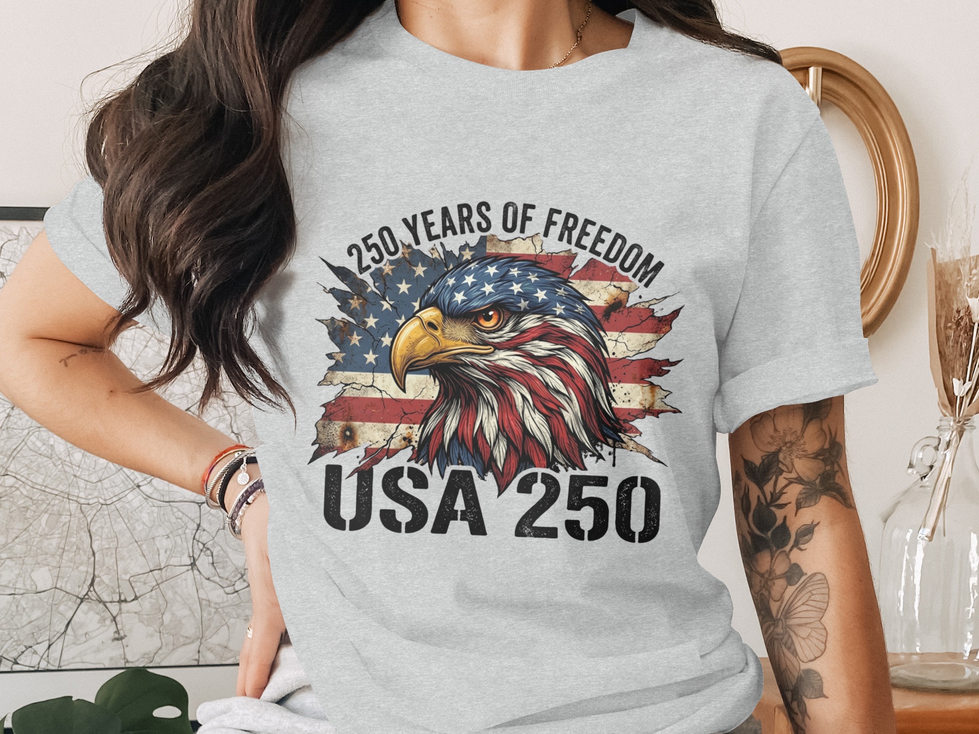 Patriotic American Eagle T-Shirt, USA 250 Years of Freedom Flag Tee, Distressed Heritage Commemorative Independence Day Shirt - Image 2