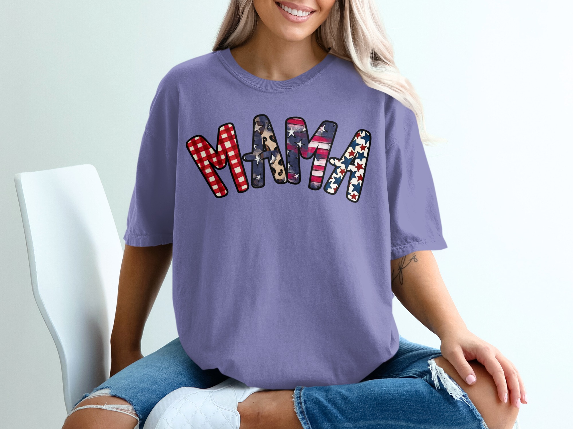 Patriotic Mama T-Shirt, Distressed American Flag Gingham Leopard Stars Graphic Tee, Mama Bear Gift, Fourth of July Outfit - Image 13