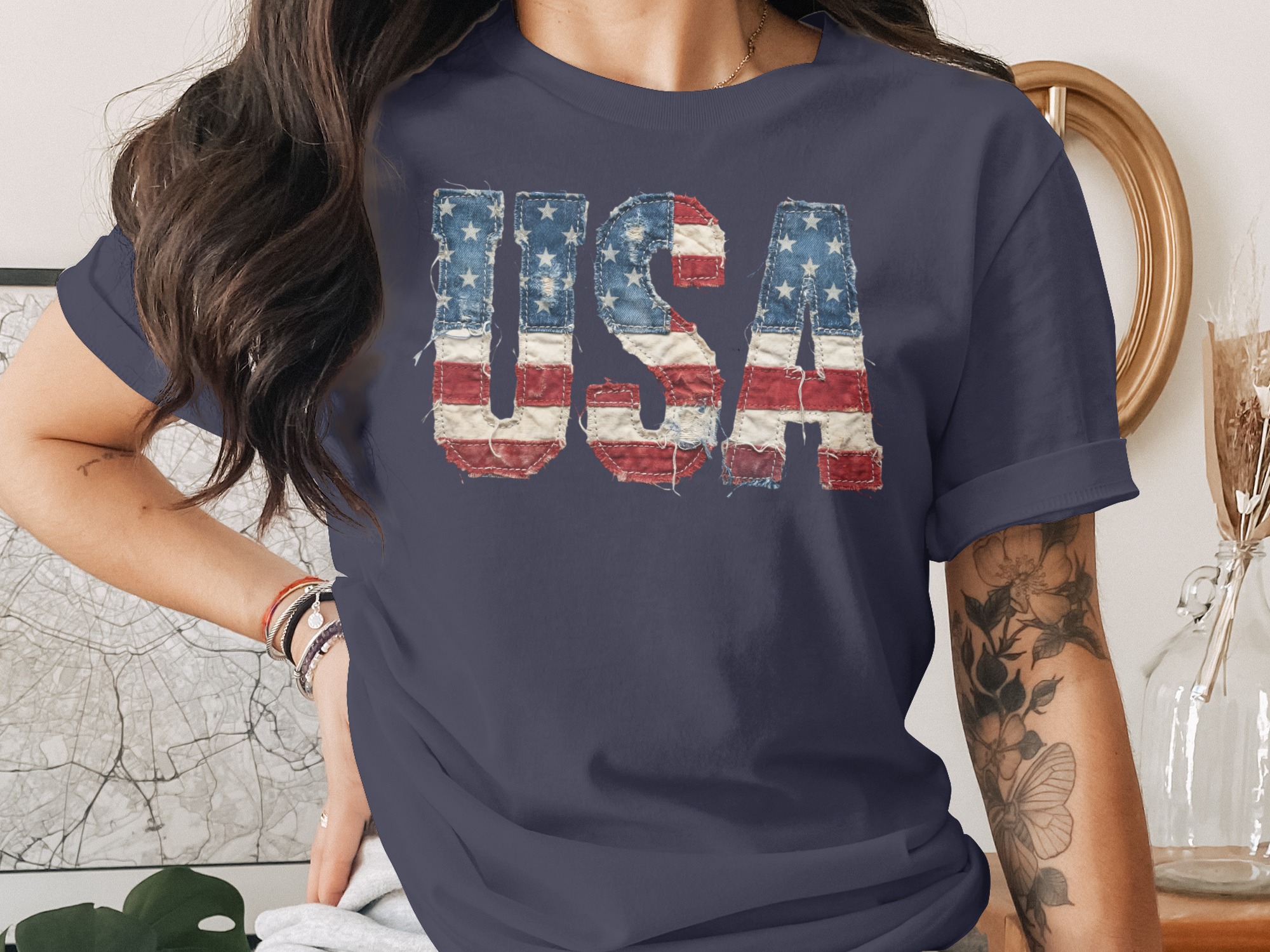 Distressed USA Flag T-Shirt, Patriotic American Tee, Vintage Denim Effect, 4th of July Outfit, Americana Gift - Image 2