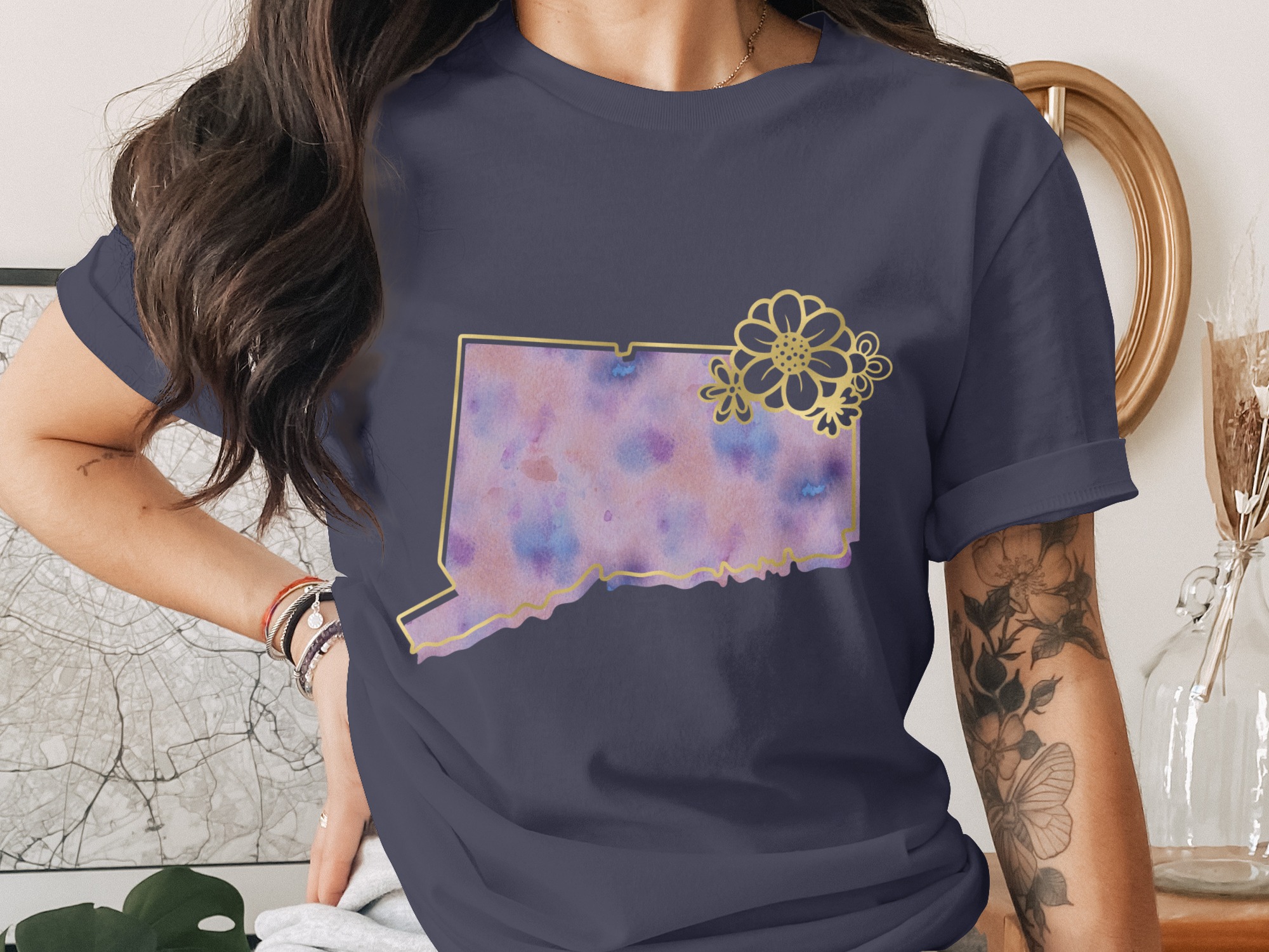 Connecticut State T-Shirt, Watercolor CT Outline with Faux Gold Flowers, Aesthetic Boho State Pride Tee, CT Gift for Her - Image 2
