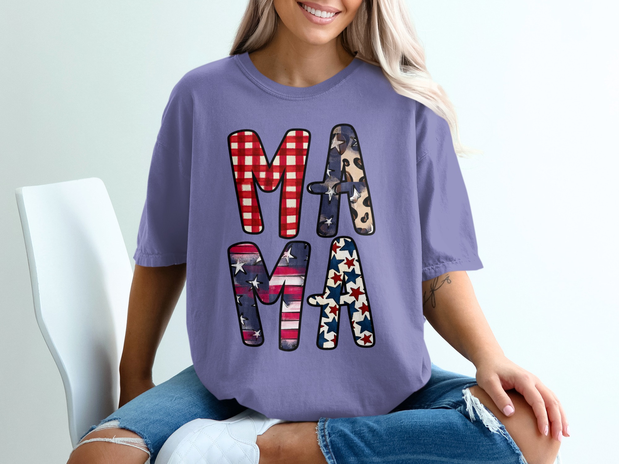 Patriotic Mama T-Shirt, Distressed Flag & Leopard Print Stars Tee, Buffalo Plaid Americana Mom Life Gift - Image 13