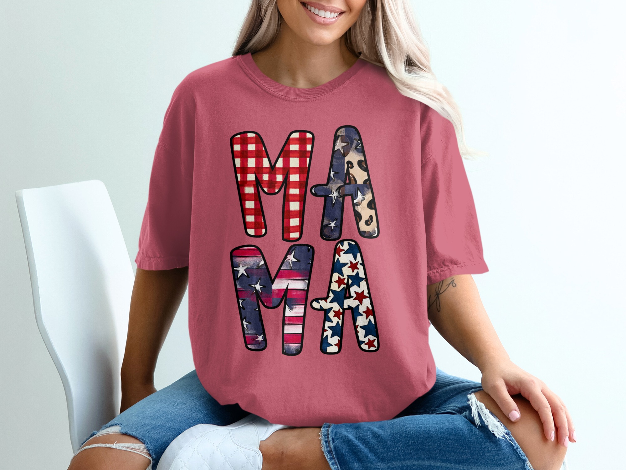 Patriotic Mama T-Shirt, Distressed Flag & Leopard Print Stars Tee, Buffalo Plaid Americana Mom Life Gift - Image 15