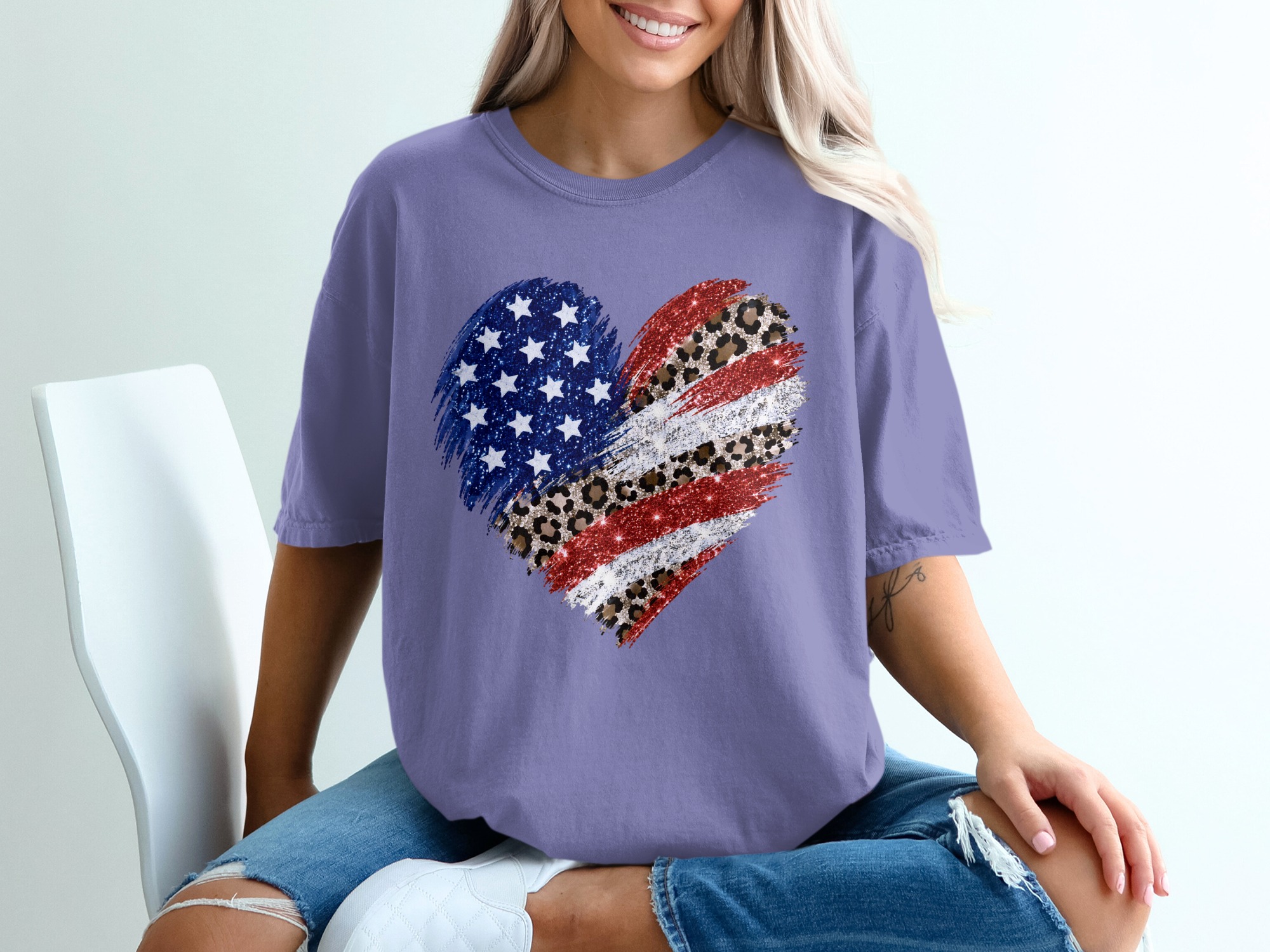 Comfort Colors® Patriotic Leopard Heart T-Shirt, American Flag Glitter Tee, 4th of July Shirt, Memorial Day, USA Pride, Trendy Gift for Her - Image 13