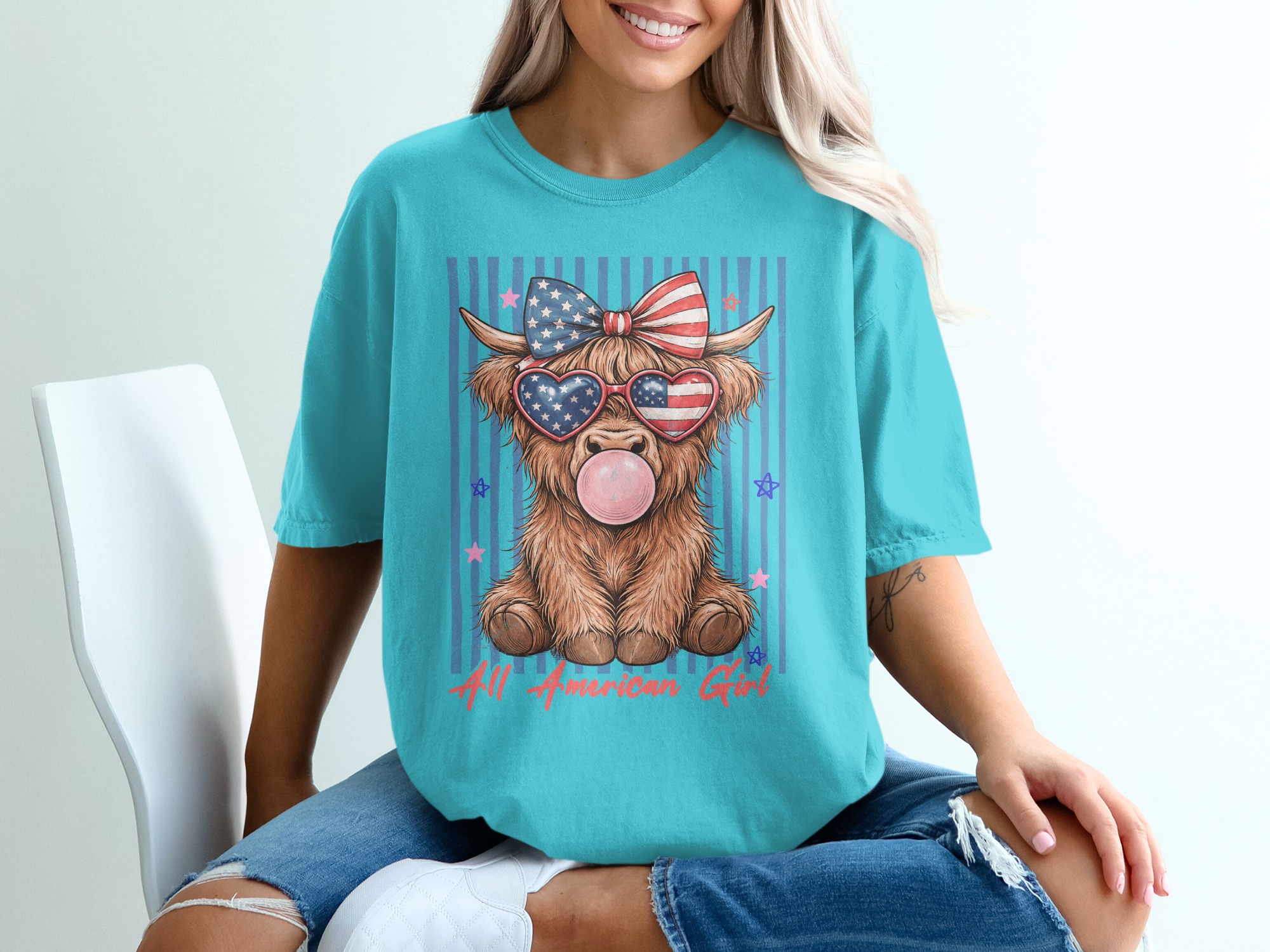 Comfort Colors® Highland Cow T-Shirt, All American Girl Patriotic Summer Tee, Cute 4th of July Western Cowgirl Gift for Her. - Image 9