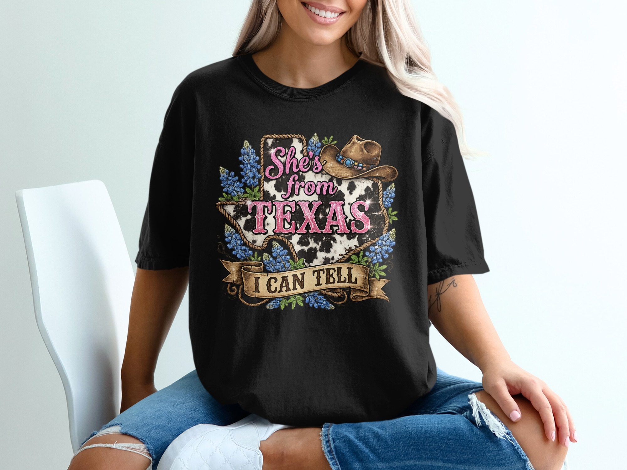 She's from Texas T-Shirt, Cow Print Bluebonnet Texas Tee, Western Country Style Southern Pride Gift for Her - Image 8