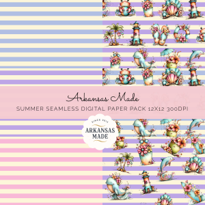 Summer Beach Digital Seamless Paper, Cute Ocean Animals & Pastel Stripes Pattern, Whimsical Nautical Scrapbook Background 12x12 300 DPI