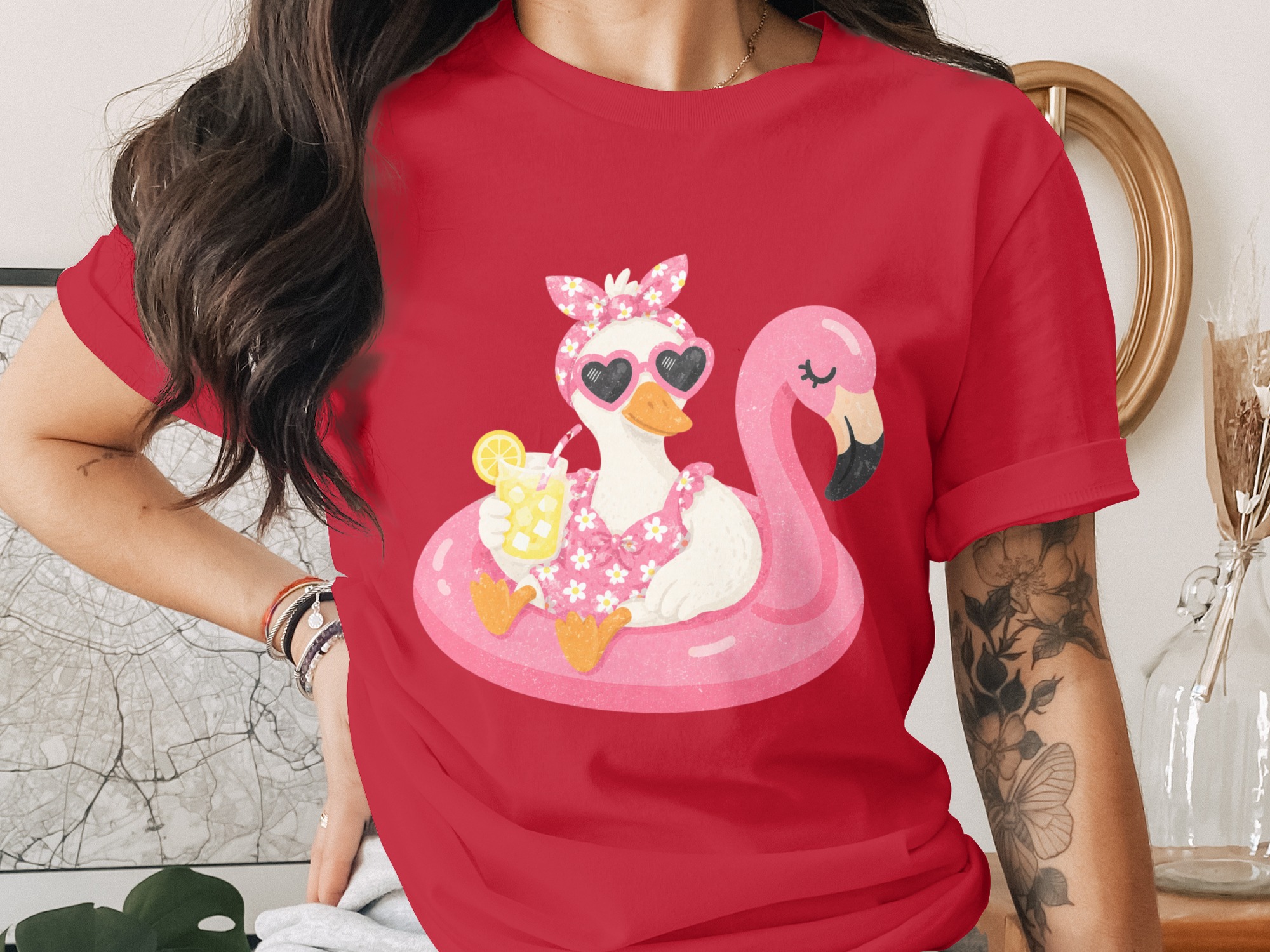 Cute Duck Flamingo Float T-Shirt, Summer Vacation Tee, Funny Animal Pool Party Graphic Shirt, Lemonade Lover Gift - Image 2