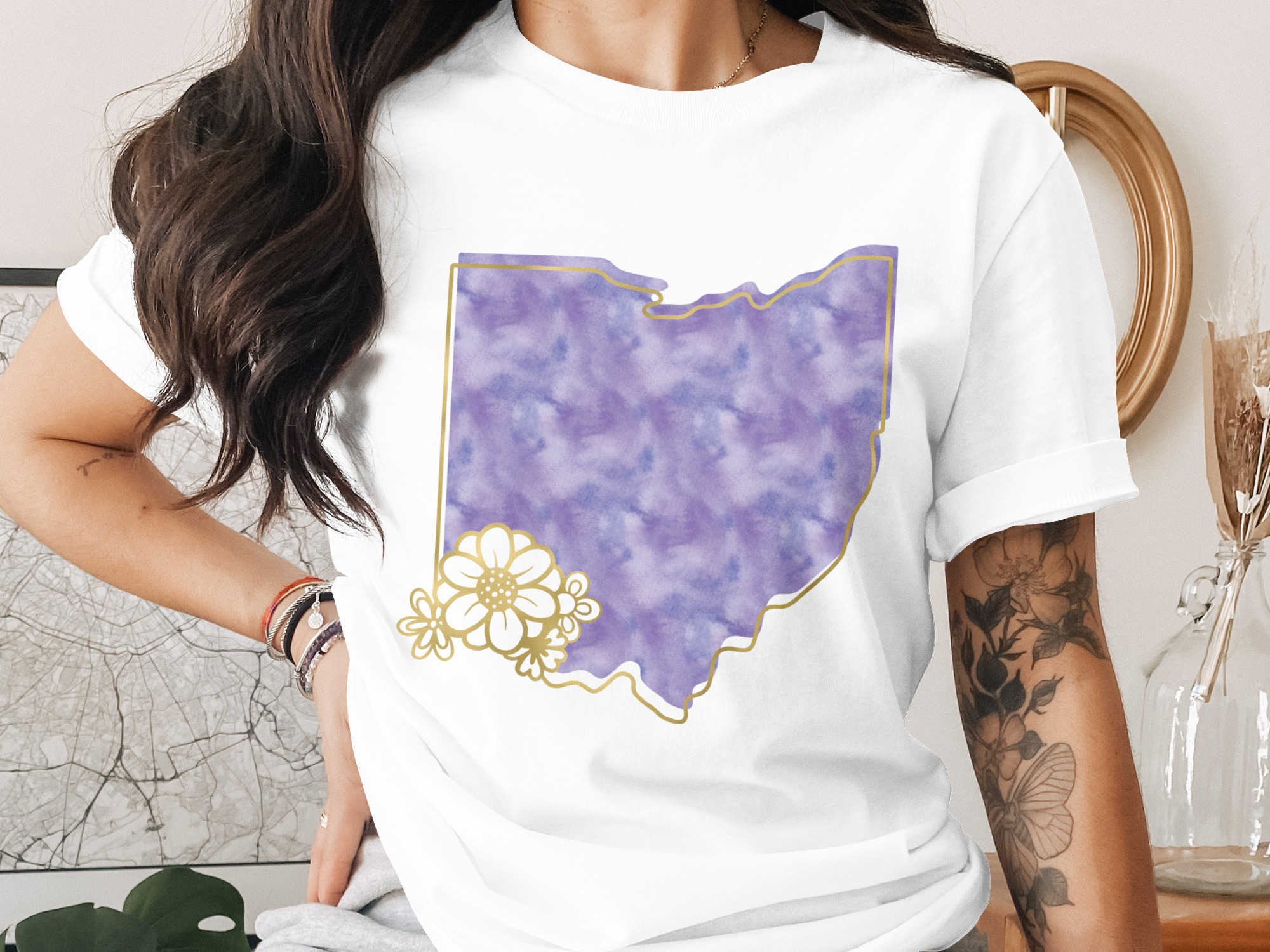 Ohio State T-Shirt, Purple Watercolor Ohio Map with Faux Gold Floral Design, Ohio Native Lover Tee, Ohio Gift for Her