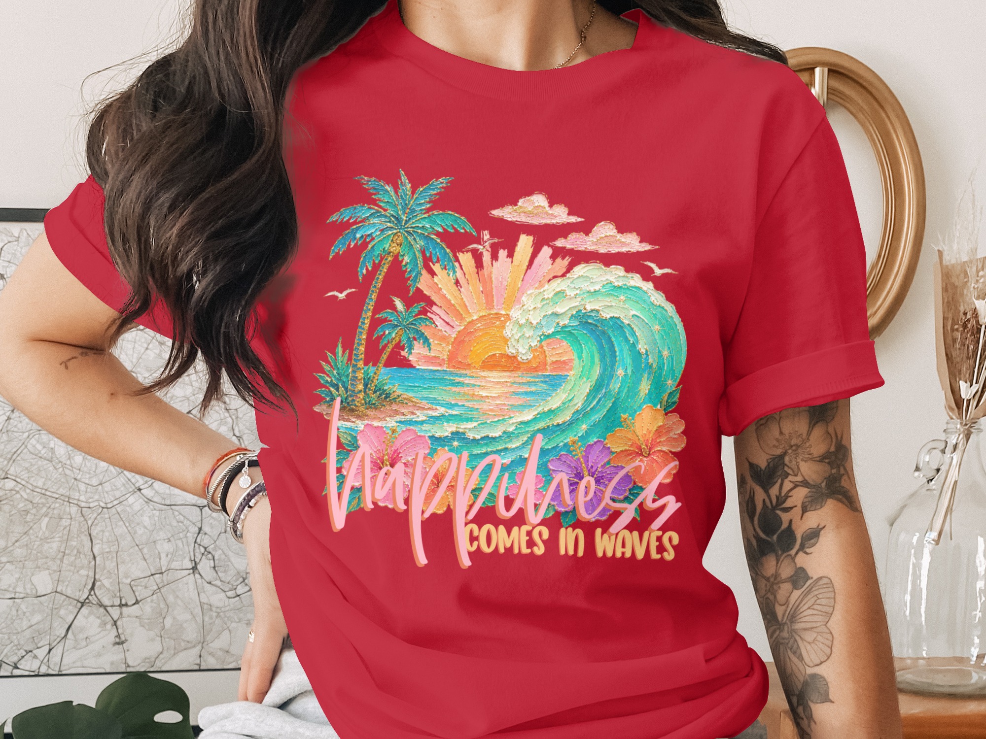 Happiness Comes in Waves T-Shirt, Tropical Beach Vacation Tee, Faux Glitter Print Ocean Wave Design, Palm Tree Sunset, Coastal Boho Summer - Image 4