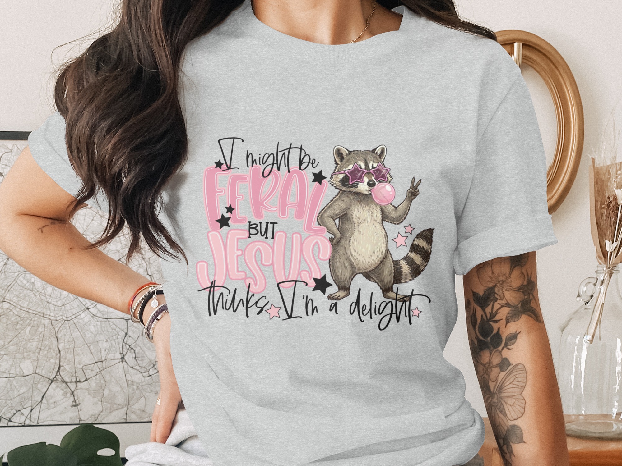 Feral Jesus Delight T-Shirt, Raccoon Graphic Tee, Funny Christian Shirt, Sarcastic Faith Top, Wild Girl Gift, Cute Animal Lover Tee, Quirky - Image 2