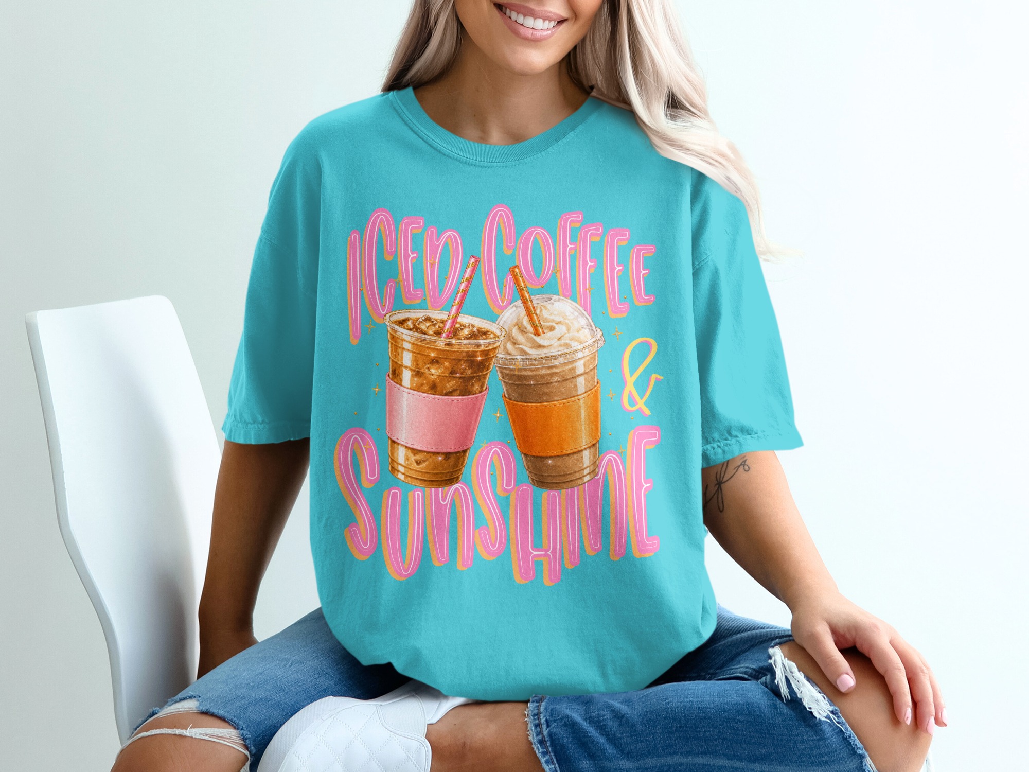 Iced Coffee Sunshine T-Shirt, Summer Vibes Gift, Coffee Lover Aesthetic Tee, Cute Caffeine Graphic Shirt, Women's Trendy Top - Image 9