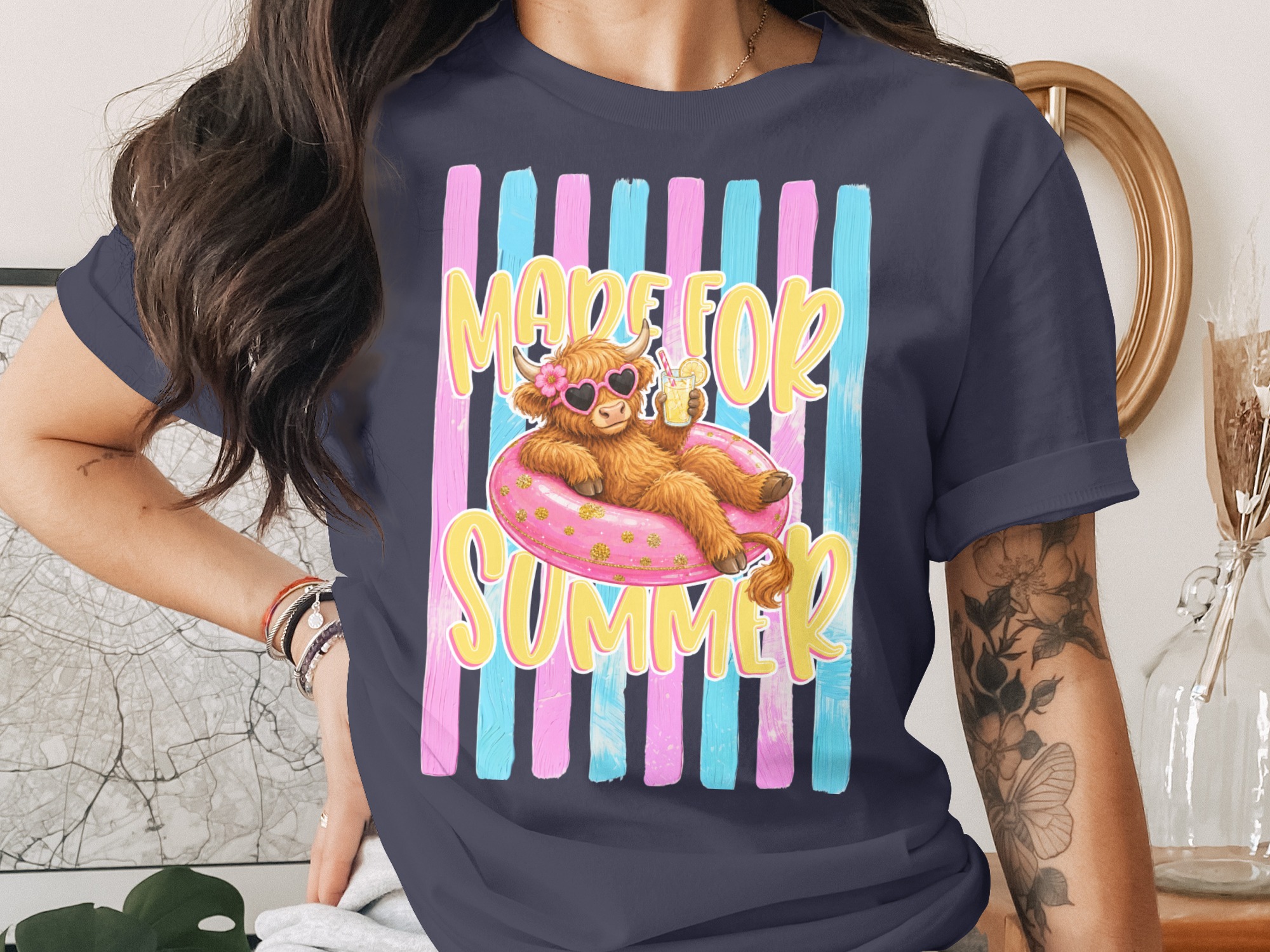 Comfort Colors ® Made For Summer Highland Cow T-Shirt, Vacation Mode Cute Cow Shirt, Beachy Pink Glitter Highland Cattle Tee, Funny Animal - Image 3