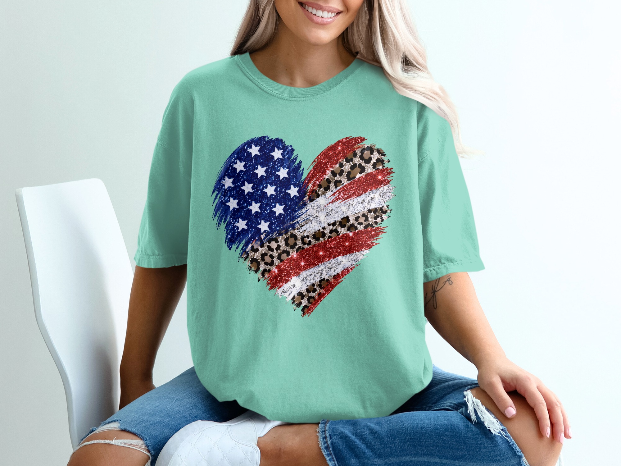 Comfort Colors® Patriotic Leopard Heart T-Shirt, American Flag Glitter Tee, 4th of July Shirt, Memorial Day, USA Pride, Trendy Gift for Her - Image 10