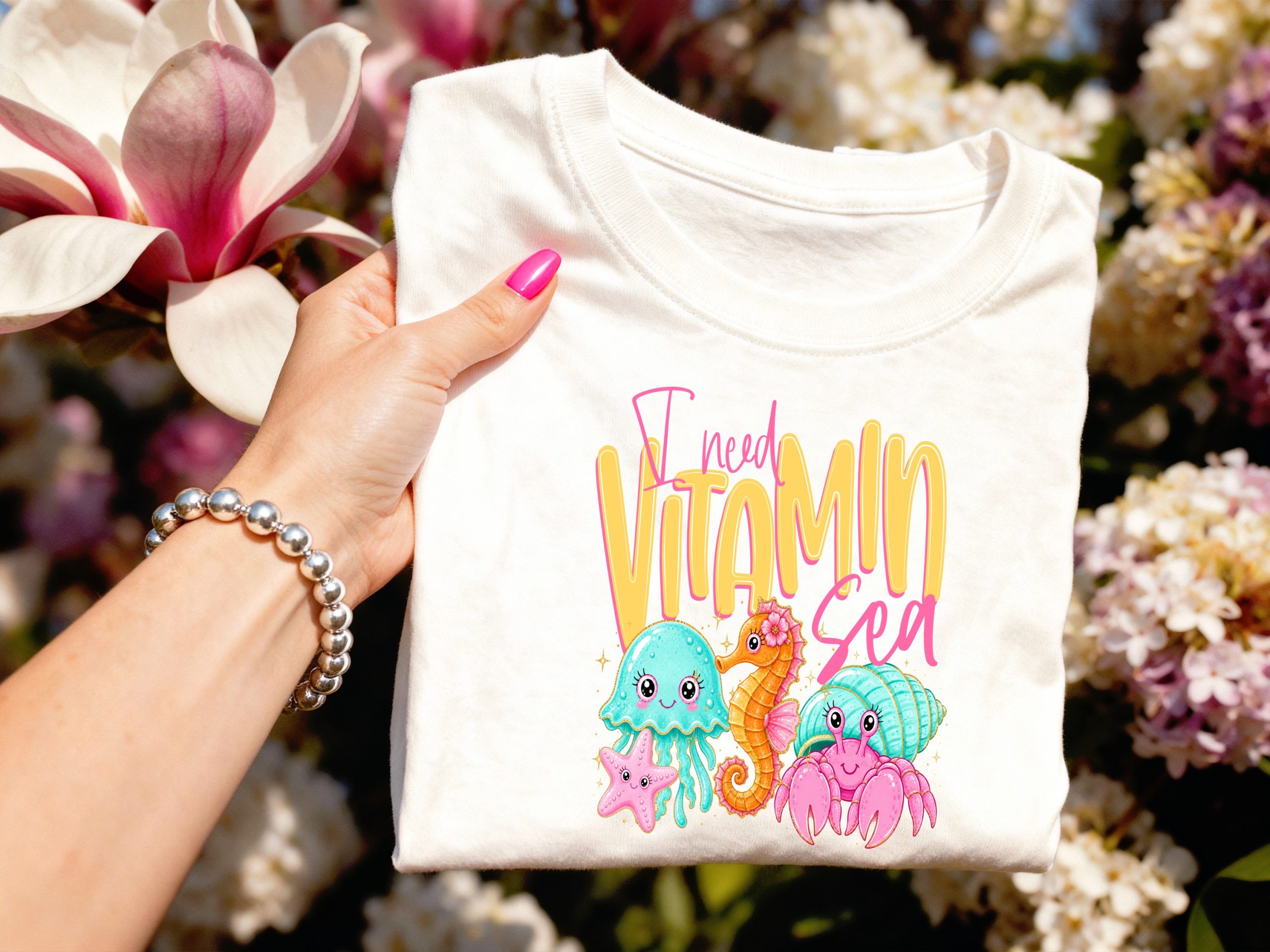 Vitamin Sea T-Shirt, Cute Ocean Lover Tee, Kawaii Beach Vacation Shirt, Faux Glitter Sea Creature Top, Summer Vibes Gift for Her - Image 3